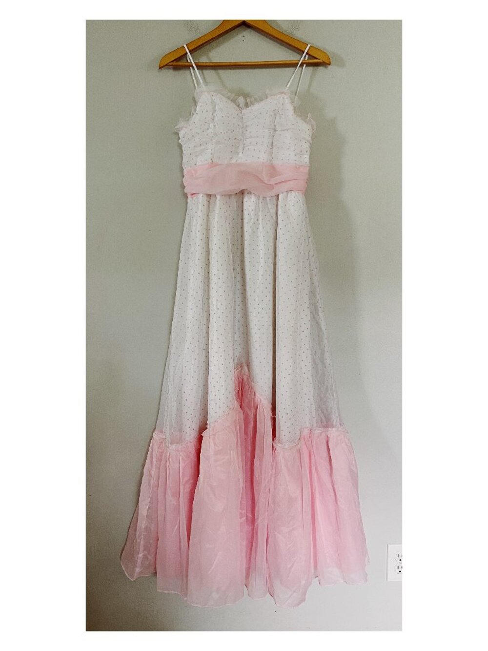 VTG JC Penney Sz S Pink and White Swiss Dot Chiffon Maxi Dress Retro Prom